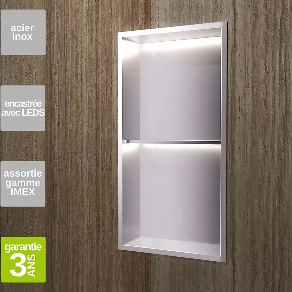 Niche De Salle De Bains|Ledimex Niche de Douche Mural Éclairage Led 33 x 63 cm - Rangement Salle de Bain en finition Niquel Brossé - MARSHALL