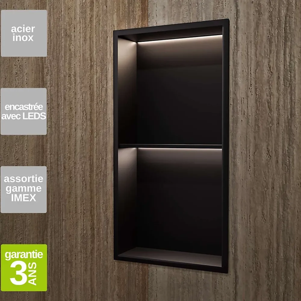 Niche De Salle De Bains|Ledimex Niche de Douche Mural Éclairage Led 33 x 63 cm - Rangement Salle de Bain en finition Noir Mat - MARSHALL