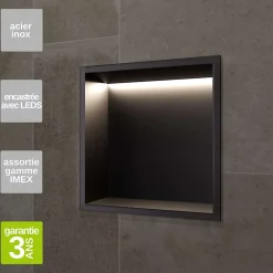Niche De Salle De Bains|Ledimex Niche de Douche Mural Éclairage Led 33 x 33 cm - Rangement Salle de Bain en finition Noir Mat - INDIC