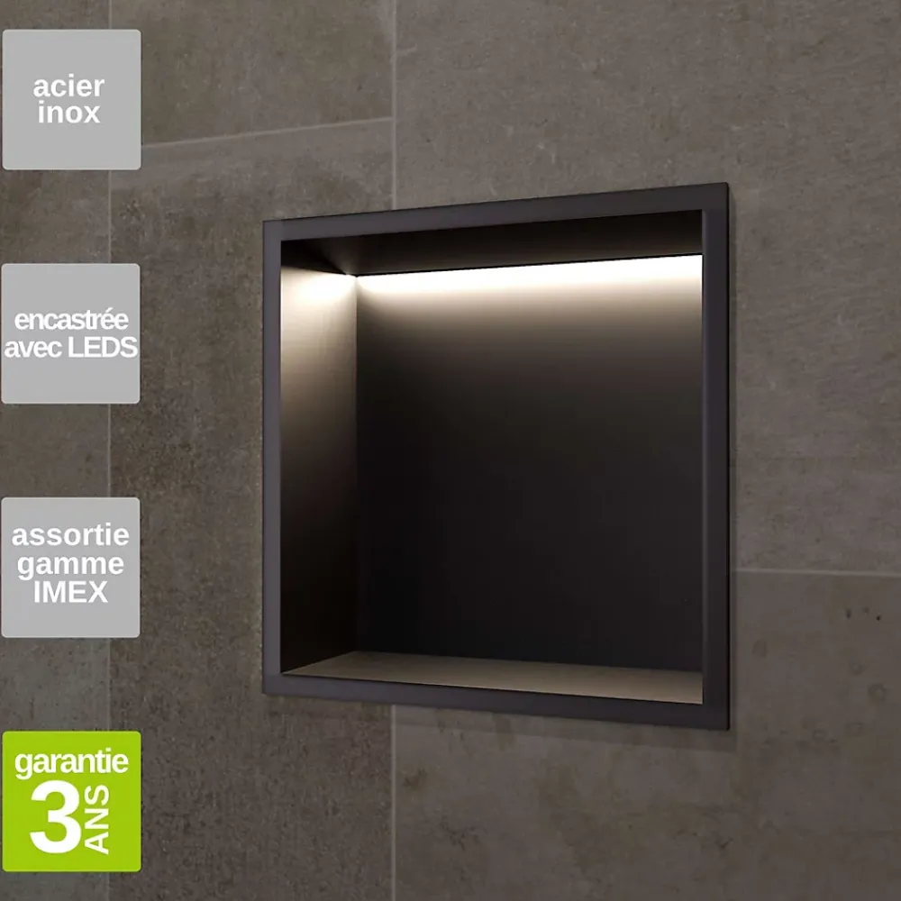 Niche De Salle De Bains|Ledimex Niche de Douche Mural Éclairage Led 33 x 33 cm - Rangement Salle de Bain en finition Noir Mat - INDIC