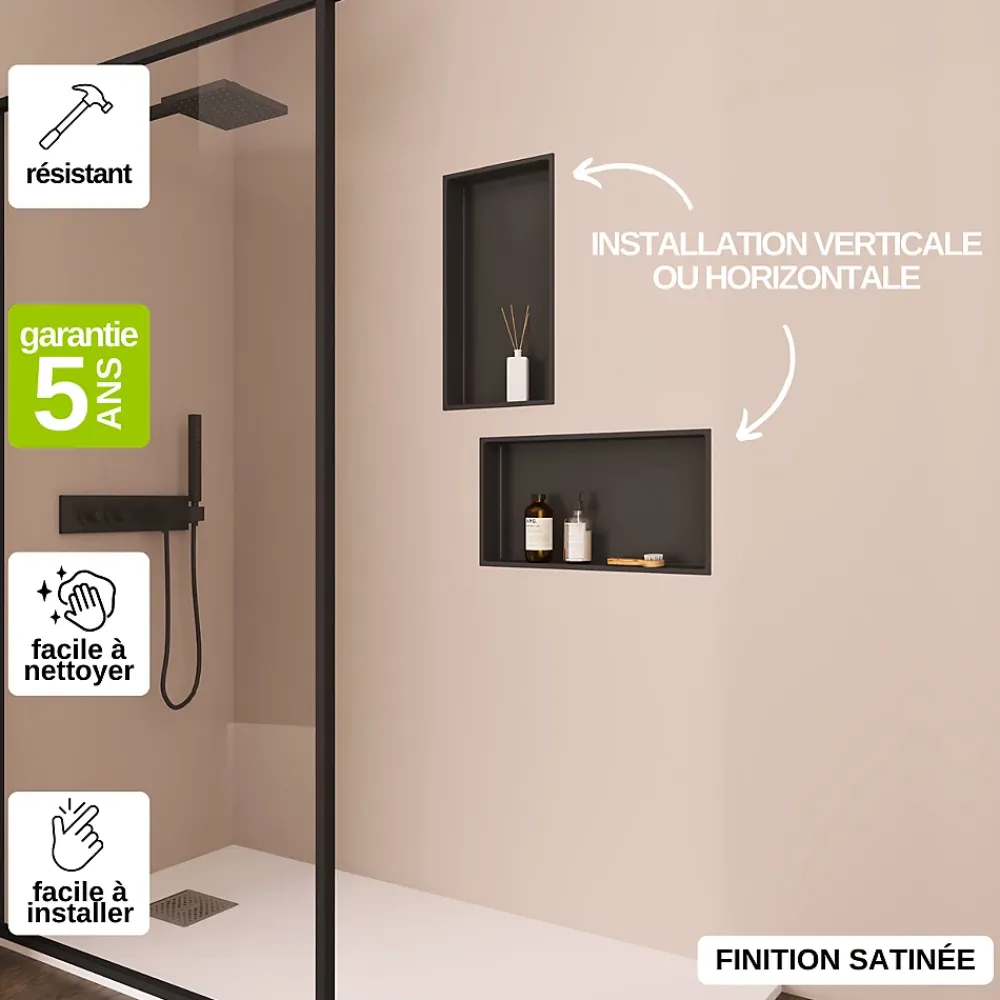 Niche De Salle De Bains|Italbox Niche de Douche Noir Satiné - 30x60 cm - Rangement Mural Salle de Bain - NOOK