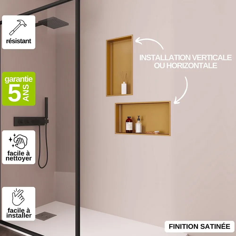 Italbox Niche de Douche Or Satiné - 30x60 cm - Rangement Mural Salle de Bain - NOOK