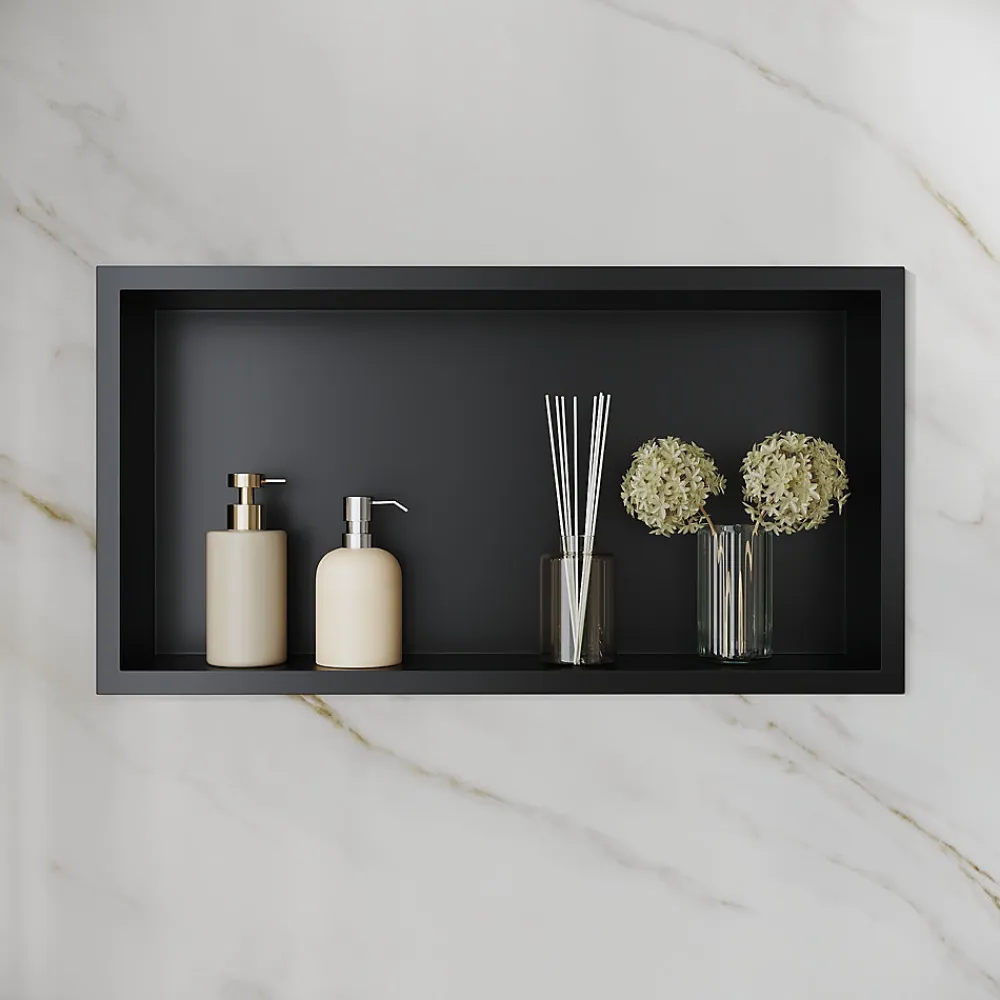 Sirhona Niche inox 600x300x100mm - Encastrée + Bac à douche + Verticale / Horizontale + Noir mat