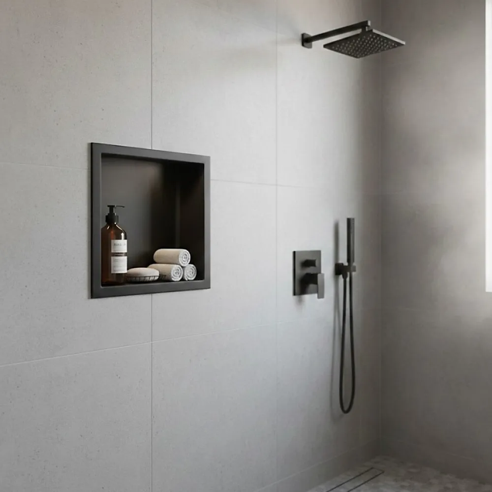 Sanitaire Niche murale de douche, étagère encastrable douche acier Noir Mat - 30x30cm