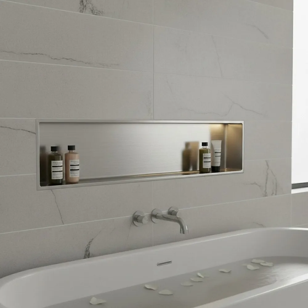 Sanitaire Niche murale de douche, étagère encastrable douche acier Inox Brossé - 30x90cm
