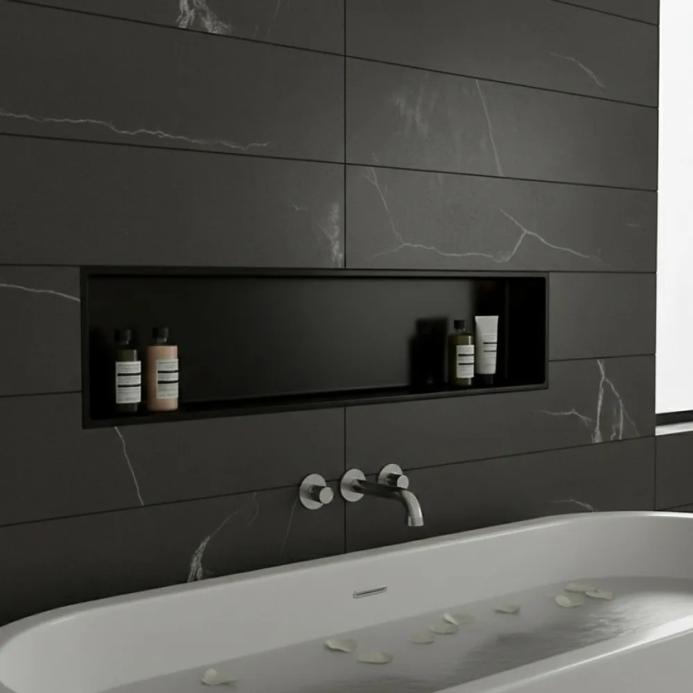 Sanitaire Niche murale de douche, étagère encastrable douche acier Noir Mat - 30x90cm