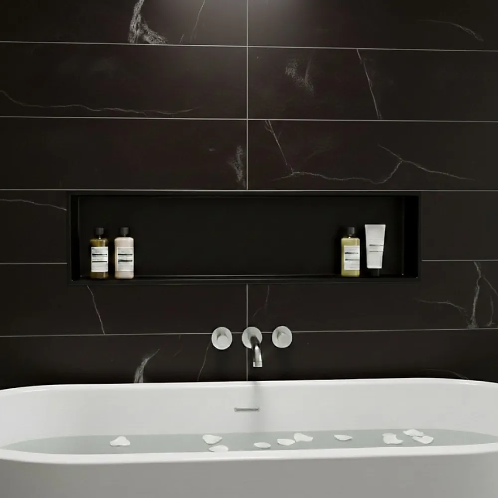 Sanitaire Niche murale de douche, étagère encastrable douche acier Noir Mat - 30x90cm
