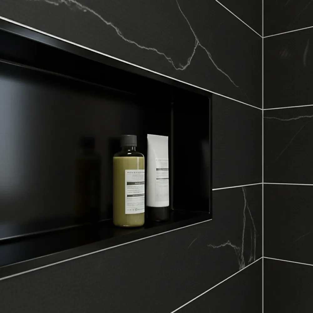 Sanitaire Niche murale de douche, étagère encastrable douche acier Noir Mat - 30x90cm