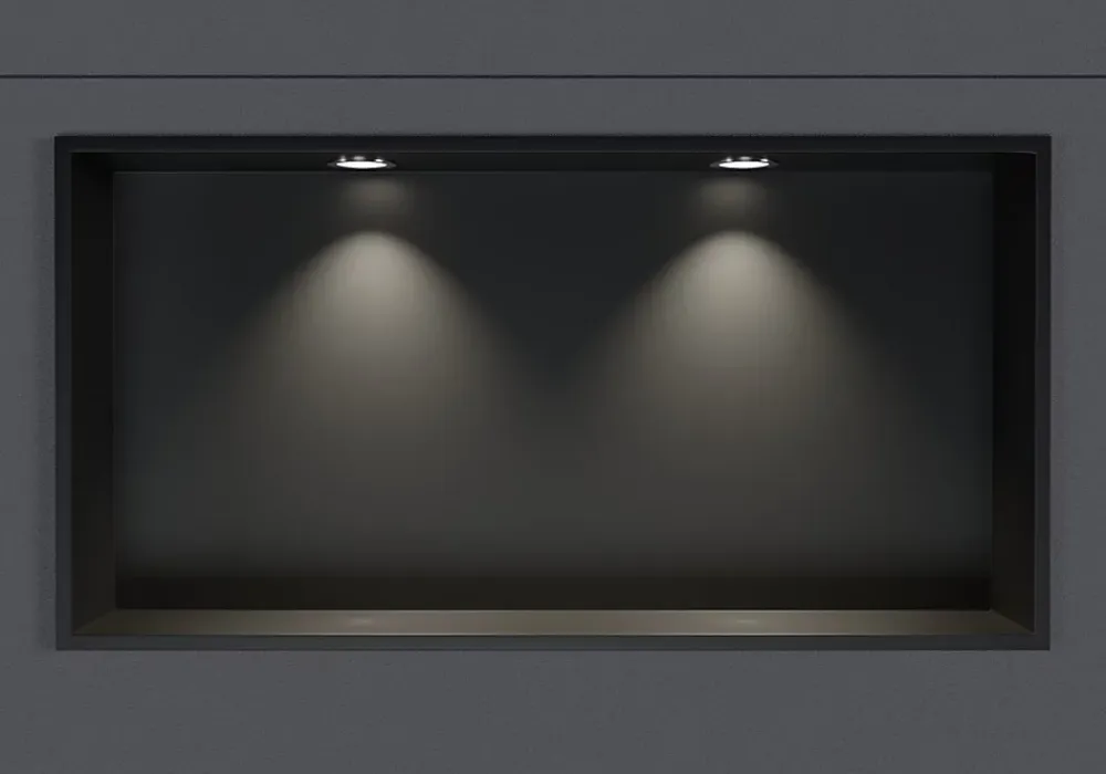 Bernstein Niche murale douche acier inox + 2 Spots LED, étagère douche encastrable - 30x60x10cm (HxLxP) - Noir, 2x Spot Chrome