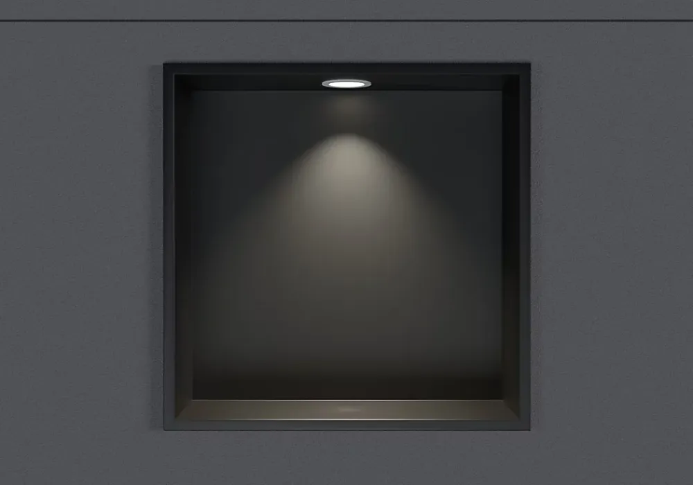 Bernstein Niche murale douche acier inox + Spot LED, étagère douche encastrable - 30x30x10cm (HxLxP) - Noir, 1x Spot Blanc mat