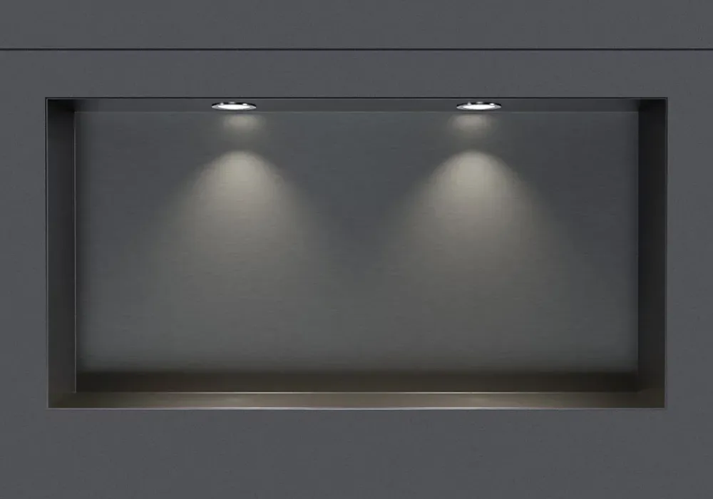 Bernstein Niche murale douche acier inox + 2 Spots LED, étagère douche encastrable NT306010X, 30x60x10cm (HxLxP), Gun métal, 2x Spot Chrome