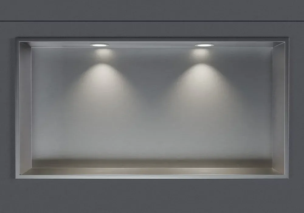 Niche De Salle De Bains|Bernstein Niche murale douche acier inox + 2 Spots LED, étagère douche encastrable - 20x60x10cm (HxLxP) - Acier brossé, 2x Spot Blanc mat