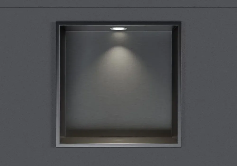 Niche De Salle De Bains|Bernstein Niche murale douche acier inox + Spot LED, étagère douche encastrable - 30x30x10cm (HxLxP) - Gun métal, 1x Spot Blanc mat