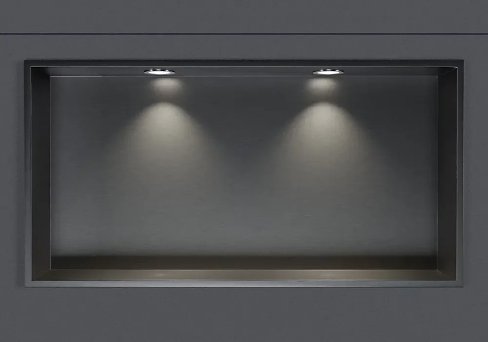 Niche De Salle De Bains|Bernstein Niche murale douche acier inox + 2 Spots LED, étagère douche encastrable - 30x60x10cm (HxLxP) - Gun métal, 2x Spot Chrome