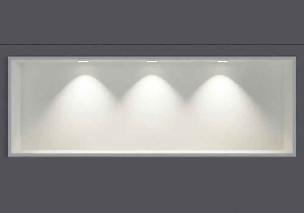 Bernstein Niche murale douche acier inox + 3 Spots LED, étagère douche encastrable - 30x90x10cm (HxLxP) - Blanc, 3x Spot Cadre Blanc mat