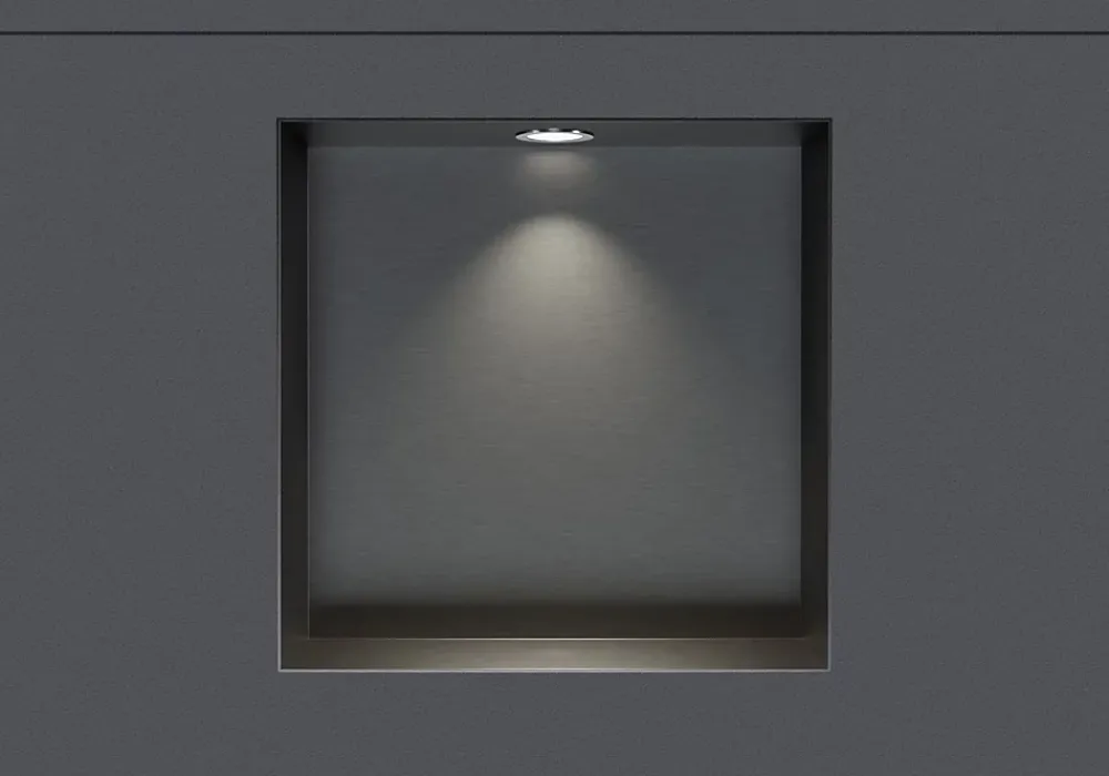 Bernstein Niche murale douche acier inox + Spot LED, étagère douche encastrable NT303010X - 30x30x10cm (HxLxP) - Gun métal, 1x Spot Chrome