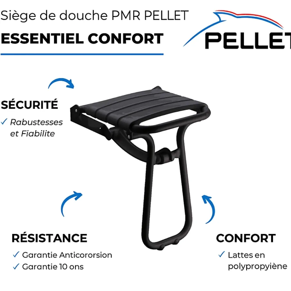 Siège De Douche|Pellet Pack avec siège de douche PMR escamotable noir mat + 2 barres d'appui 42,5 cm