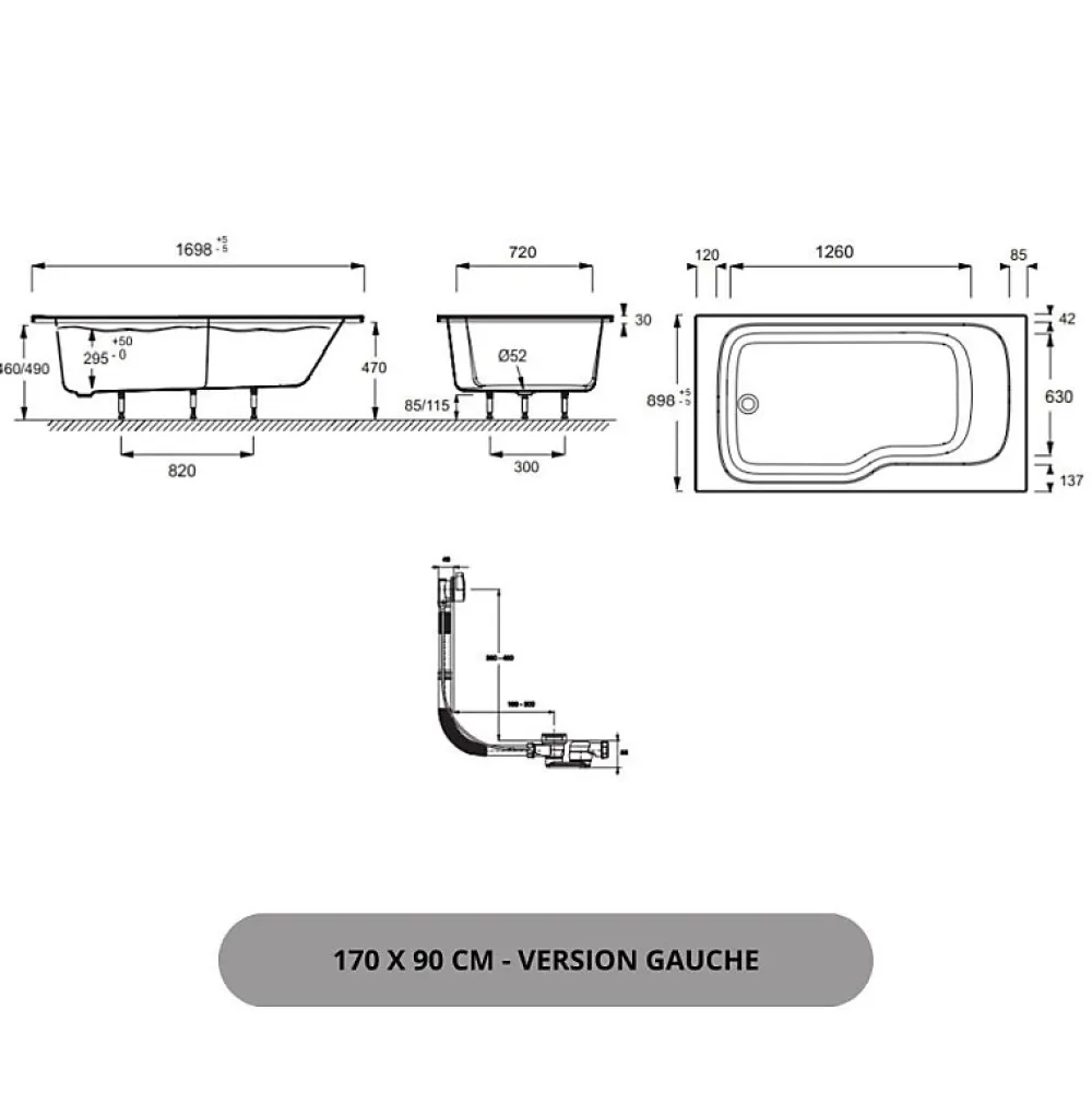 Baignoire Droite|Jacob Delafon Pack baignoire bain douche 170 x 90 Malice version gauche + tablier en angle + pare bain
