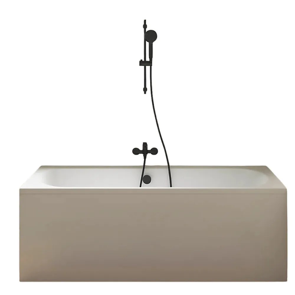 Jacob Delafon Pack baignoire droite 170 x 75 Elise + tablier niche + pommeau et mitigeur bain noir mat Aimé + vidage