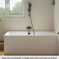 Jacob Delafon Pack baignoire droite 170 x 75 Elise + tablier niche + pommeau et mitigeur bain noir mat Aimé + vidage