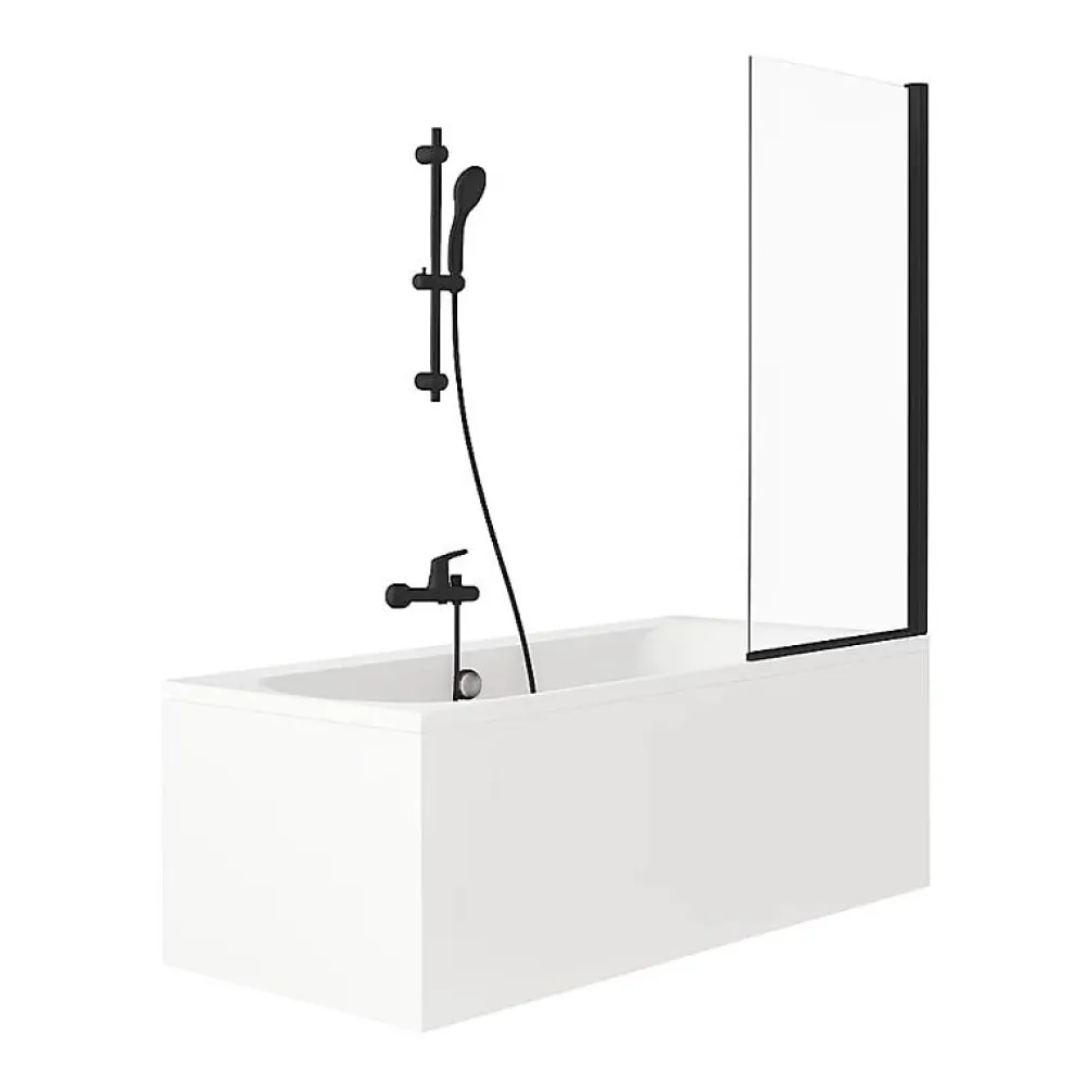 Jacob Delafon Pack baignoire droite 180 x 80 Elise + pack pommeau et mitigeur bain douche noir mat + pare bain noir mat + vidage