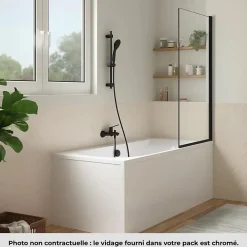 Jacob Delafon Pack baignoire droite 180 x 80 Elise + pack pommeau et mitigeur bain douche noir mat + pare bain noir mat + vidage