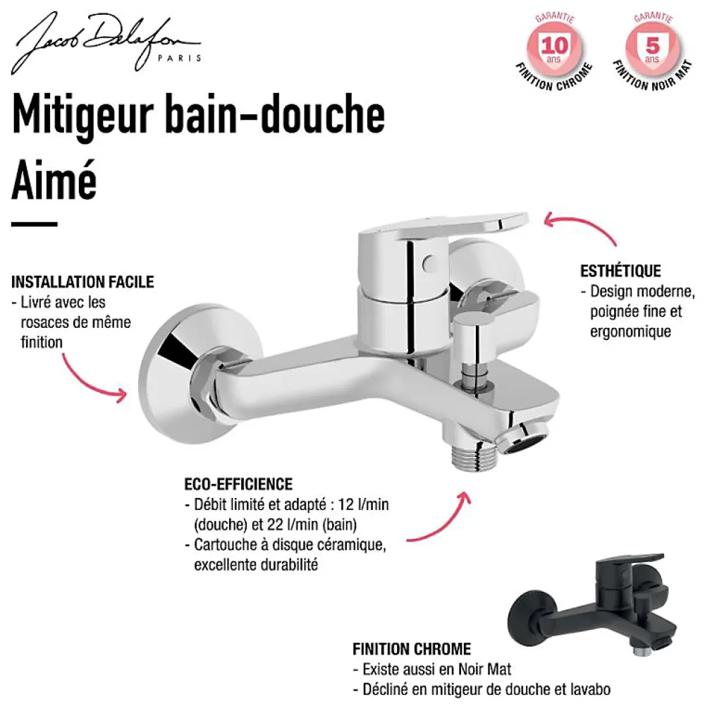 Jacob Delafon Pack baignoire droite 180 x 80 Elise + pack pommeau et mitigeur bain douche noir mat + pare bain noir mat + vidage
