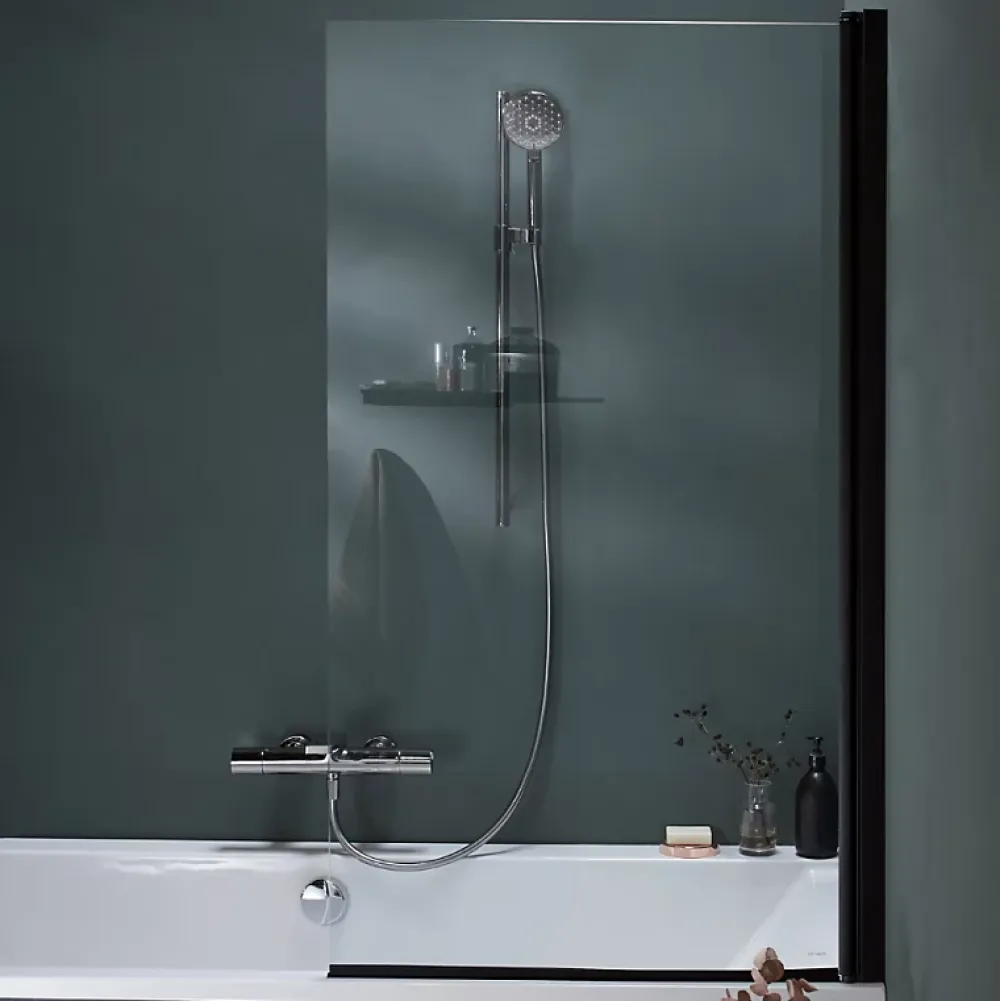 Jacob Delafon Pack baignoire droite 180 x 80 Elise + pack pommeau et mitigeur bain douche noir mat + pare bain noir mat + vidage