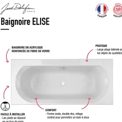 Jacob Delafon Pack baignoire droite 170 x 75 Elise + mitigeur bain douche chromé + vidage