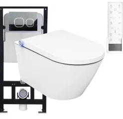 Bernstein Pack Bâti-support + Toilettes Japonais céramique, WC lavant + télécommande - 38,4x59,3x38cm - PRO+ 1102- Plaque 4112 blanc mat