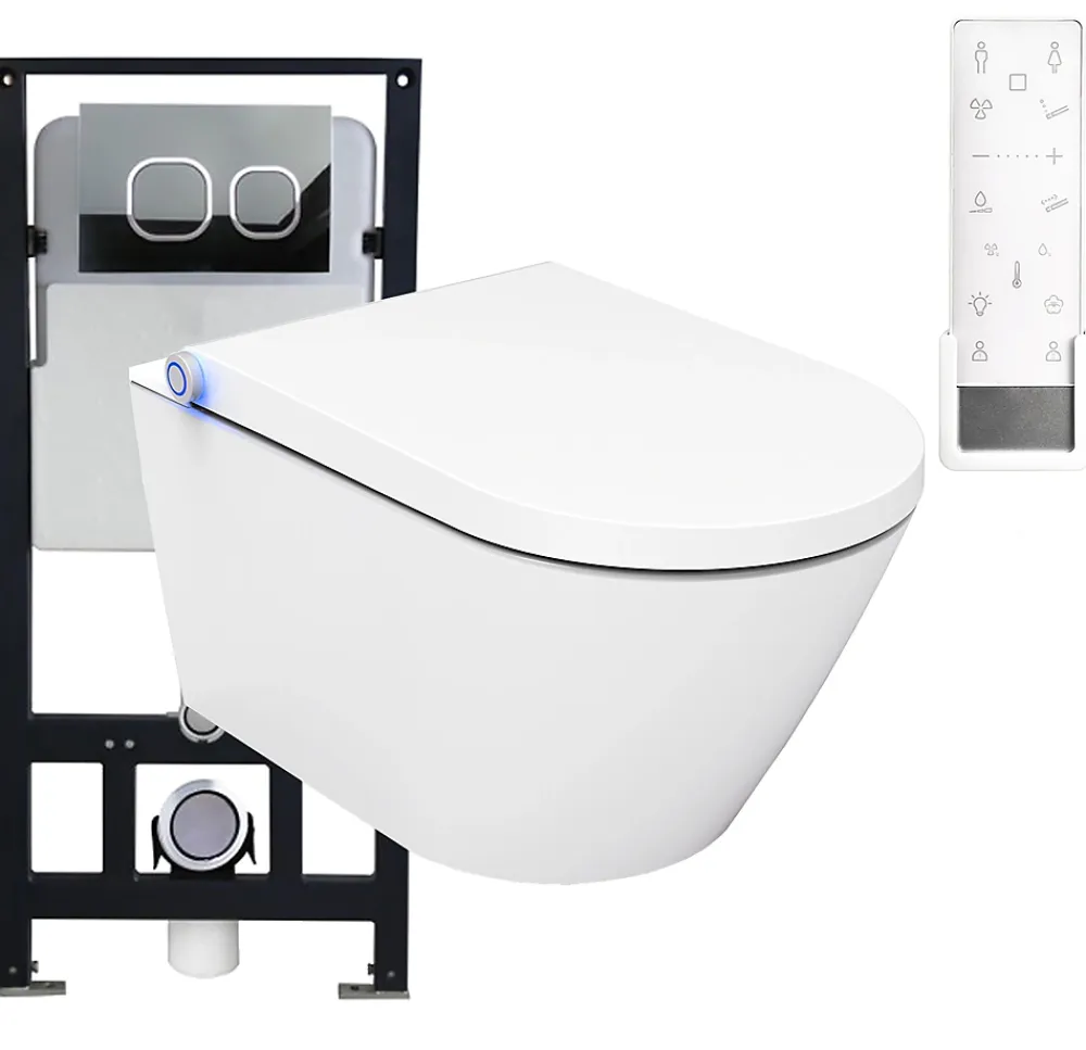 Wc Japonais|Bernstein Pack Bâti-support + Toilettes Japonais céramique, WC lavant + télécommande - 38,4x59,3x38cm - PRO+ 1102 - Plaque 4111 noir mat