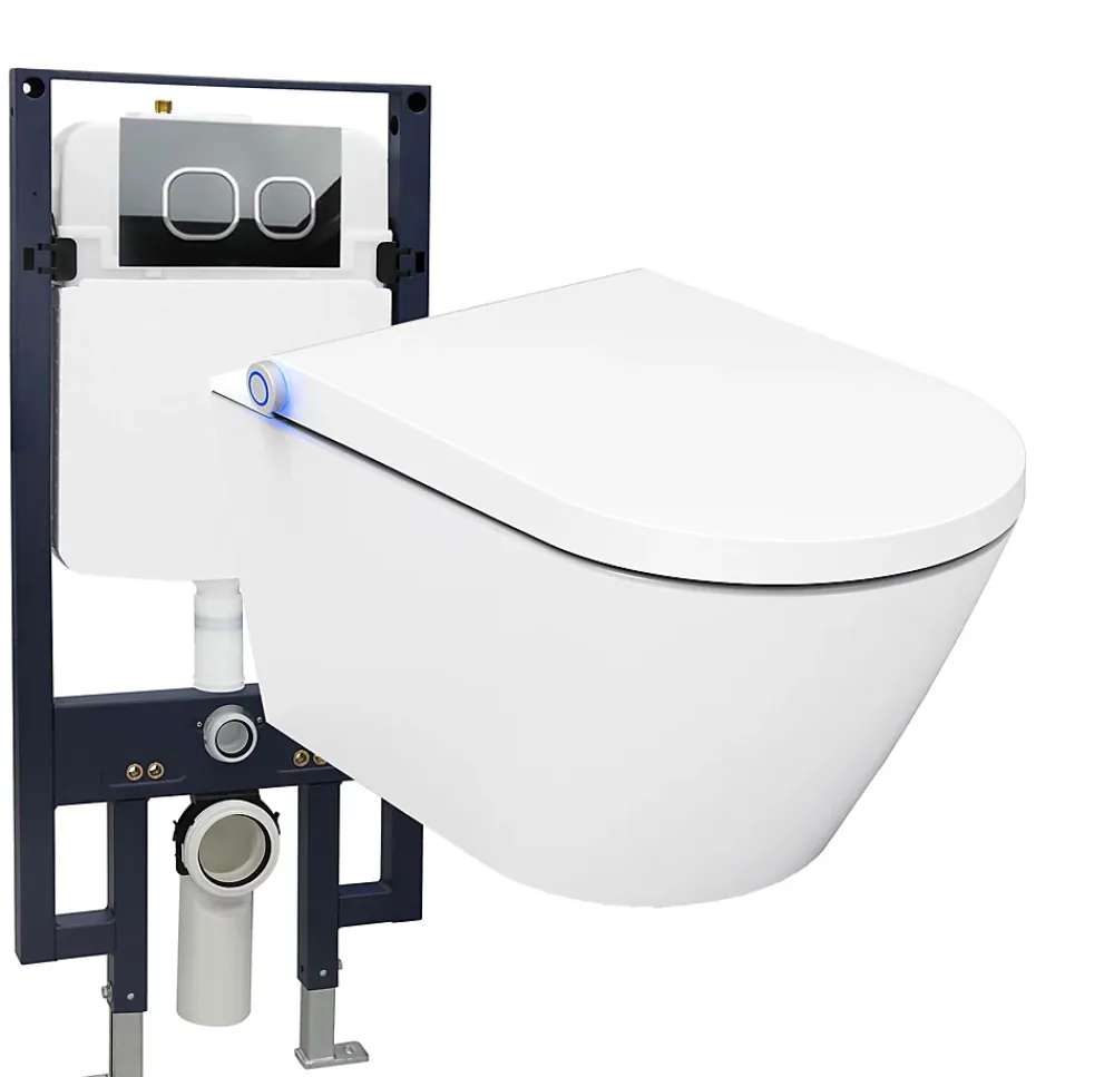 Bernstein Pack Bâti-support G3008 + Toilettes Japonais céramique, WC lavant japonais - 38,4x59,3x38cm - Basic 1102 - Plaque 4111 Blanc mat