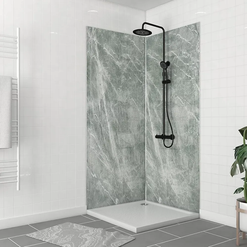 Galedo Pack de 2 panneaux muraux de salle de bains, vert effet pierre avec profilés chromés, l.90+90 x H.210 x P.0,3 cm, Homestone