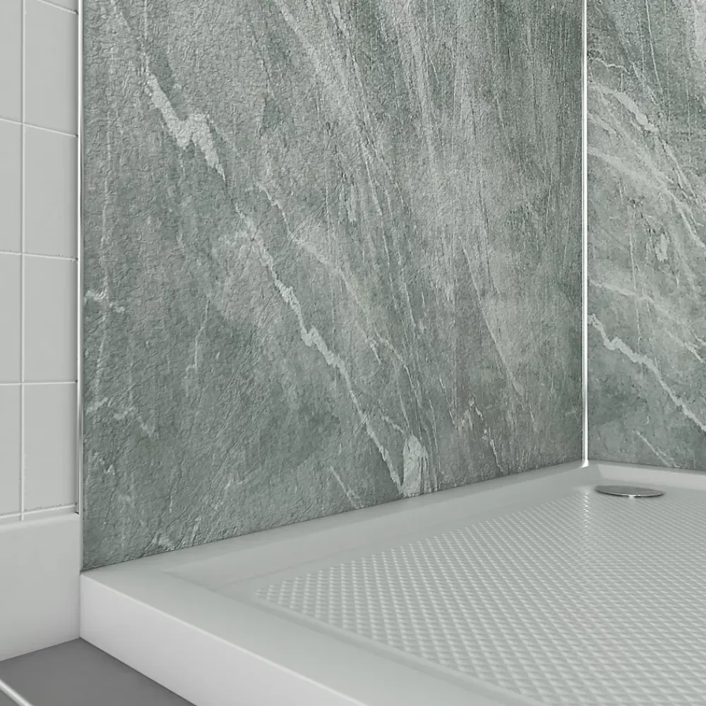 Galedo Pack de 2 panneaux muraux de salle de bains, vert effet pierre avec profilés chromés, l.90+90 x H.210 x P.0,3 cm, Homestone