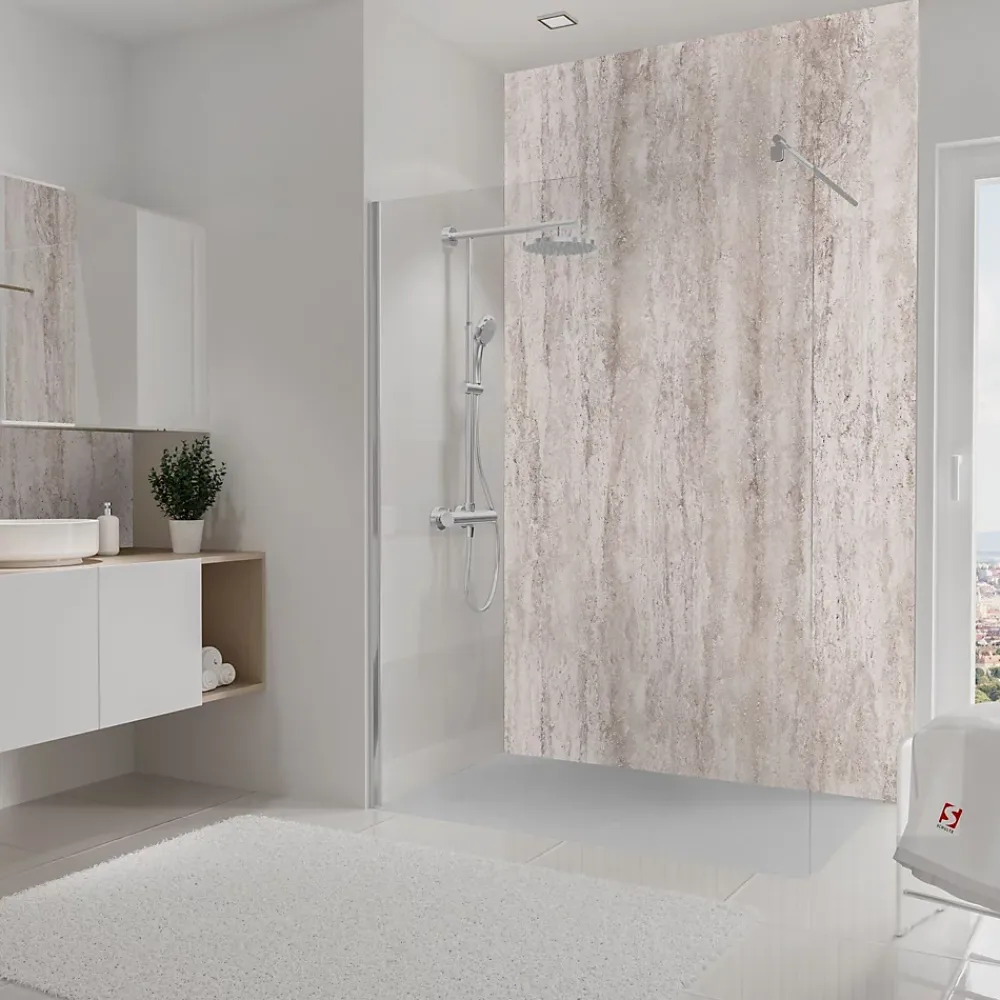 Panneau Mural De Salle De Bains|Schulte Pack de 2 panneaux muraux de salle de bains l.100 x H.210 cm, effet travertin beige structuré , DécoDesign Softtouch