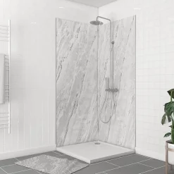 Panneau Mural De Salle De Bains|Galedo Pack de 2 panneaux muraux de salle de bains, gris effet marbre avec profilés chromés, l.90+90 x H.210 x P.0,3 cm, Homestone