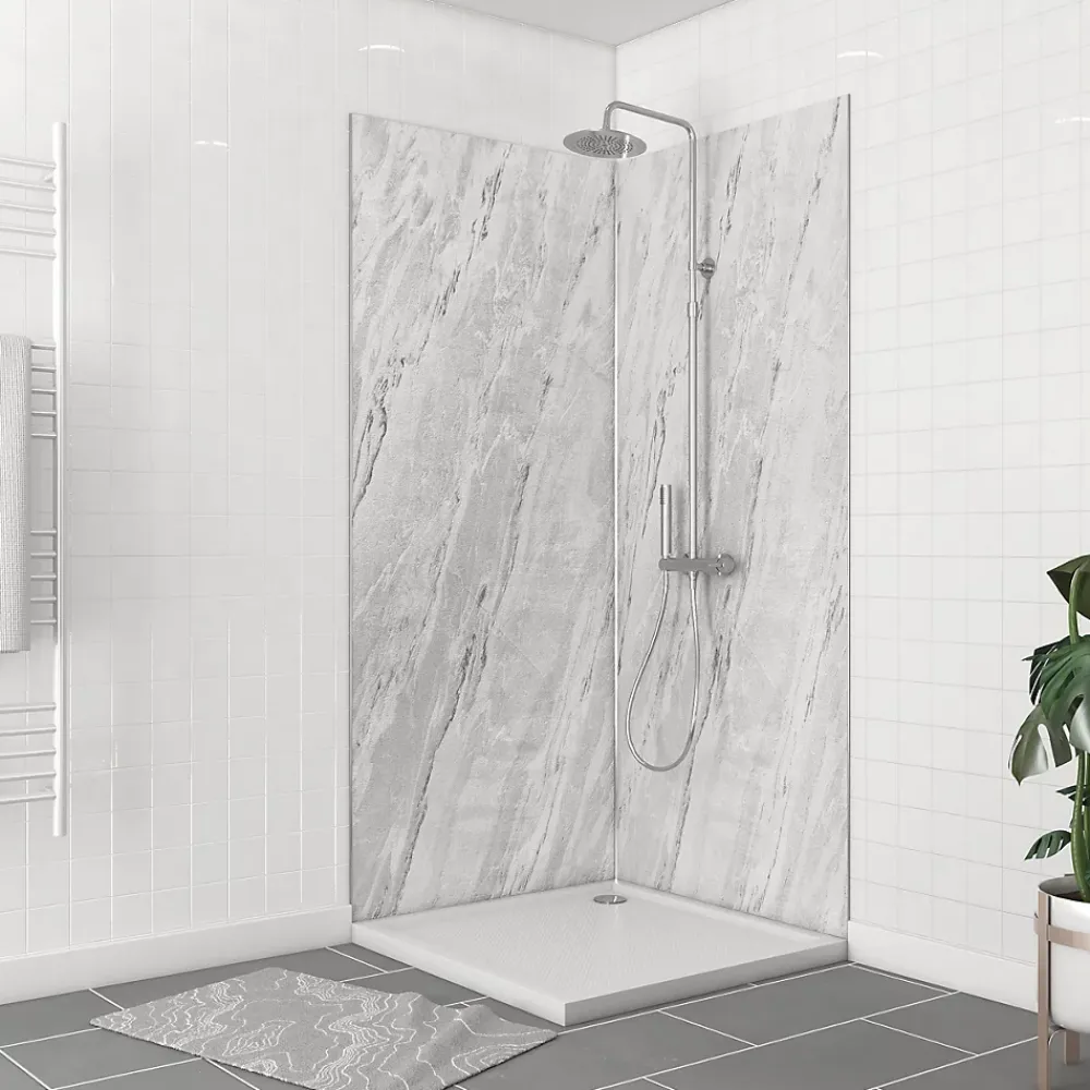 Panneau Mural De Salle De Bains|Galedo Pack de 2 panneaux muraux de salle de bains, gris effet marbre avec profilés chromés, l.90+90 x H.210 x P.0,3 cm, Homestone