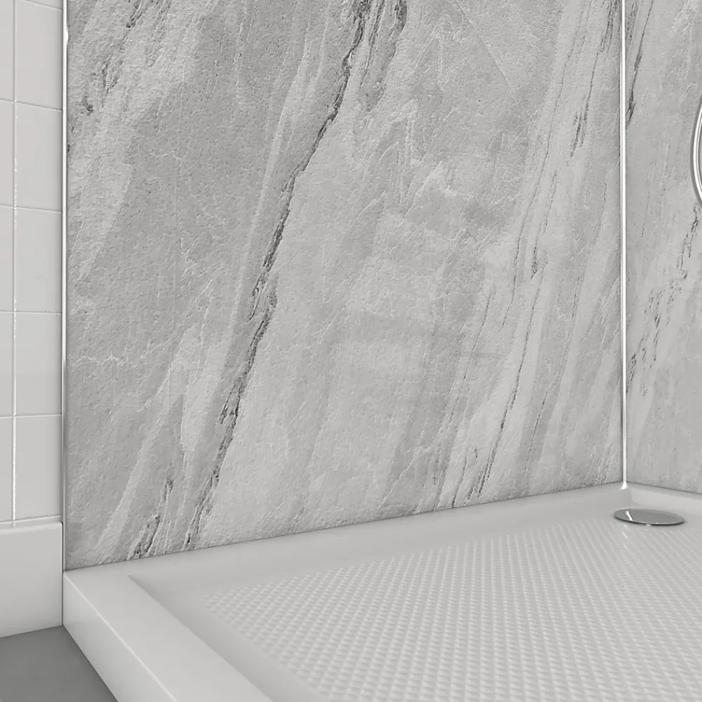 Panneau Mural De Salle De Bains|Galedo Pack de 2 panneaux muraux de salle de bains, gris effet marbre avec profilés chromés, l.90+90 x H.210 x P.0,3 cm, Homestone