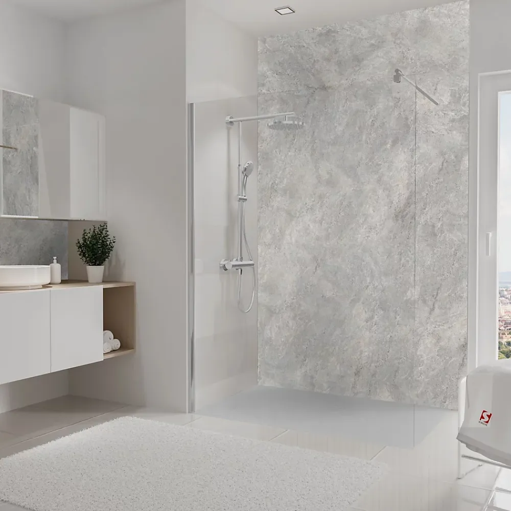 Panneau Mural De Salle De Bains|Schulte Pack de 2 panneaux muraux de salle de bains l.100 x H.255 cm, effet pierre gris et argenté , DécoDesign Softtouch