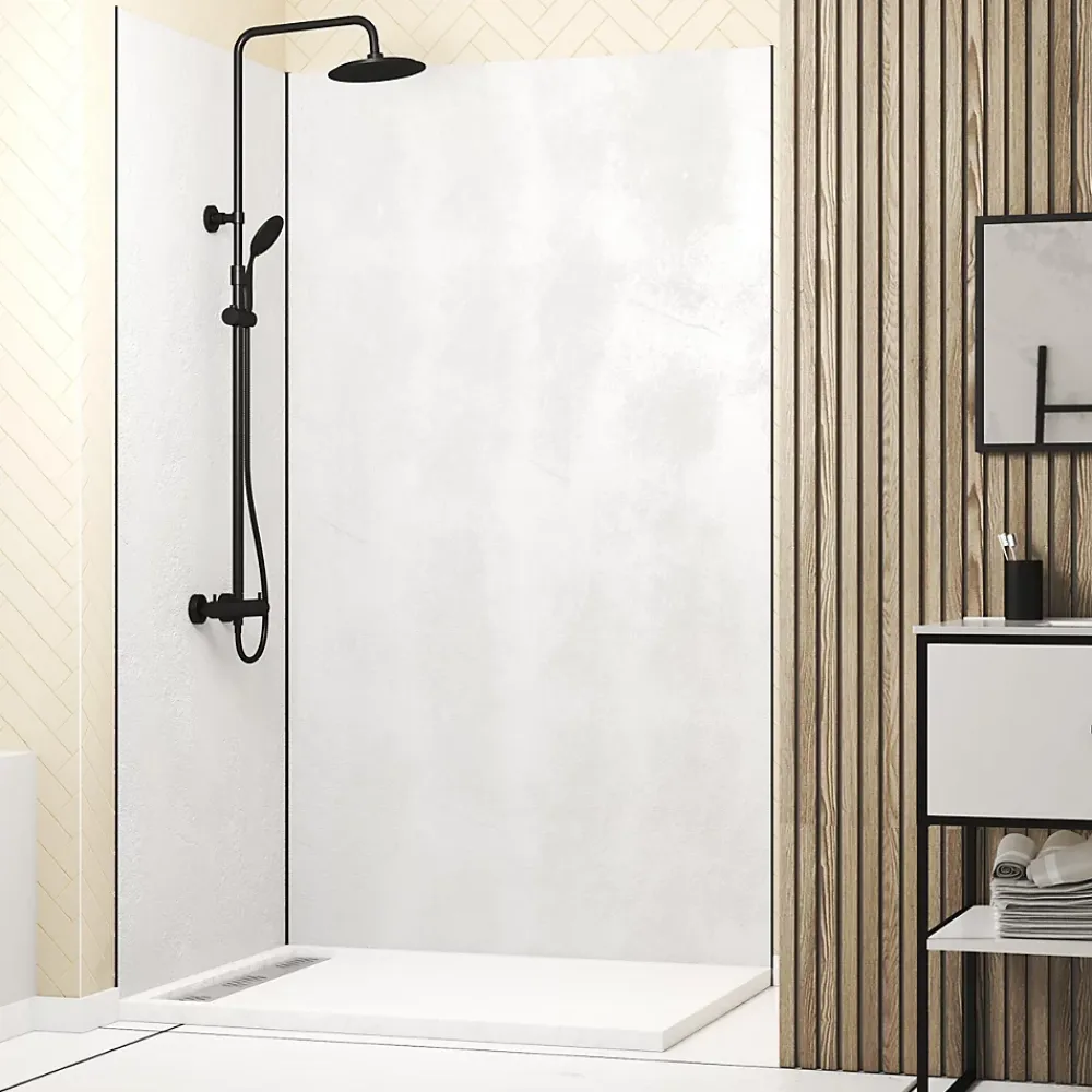Panneau Mural De Salle De Bains|Galedo Pack de 2 panneaux muraux de salle de bains, blanc effet pierre avec profilés noirs, l.120+90 x H.210 x P.0,3 cm, Homestone