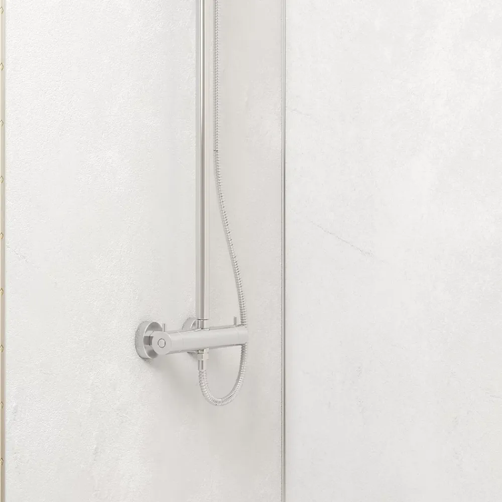 Panneau Mural De Salle De Bains|Galedo Pack de 2 panneaux muraux de salle de bains, blanc effet pierre avec profilés chromés, l.120+90 x H.210 x P.0,3 cm, Homestone