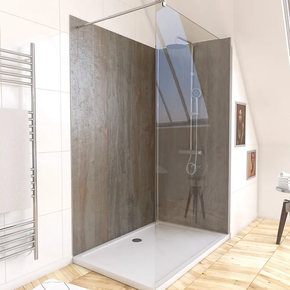 Panneau Mural De Salle De Bains|Galedo Pack de 2 panneaux muraux de salle de bains, marron effet bois avec profilés chromés, l.120+90 x H.210 x P.0,3 cm, Homestone