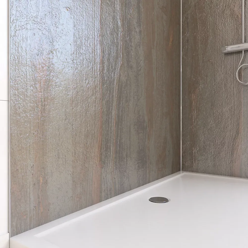 Panneau Mural De Salle De Bains|Galedo Pack de 2 panneaux muraux de salle de bains, marron effet bois avec profilés chromés, l.120+90 x H.210 x P.0,3 cm, Homestone