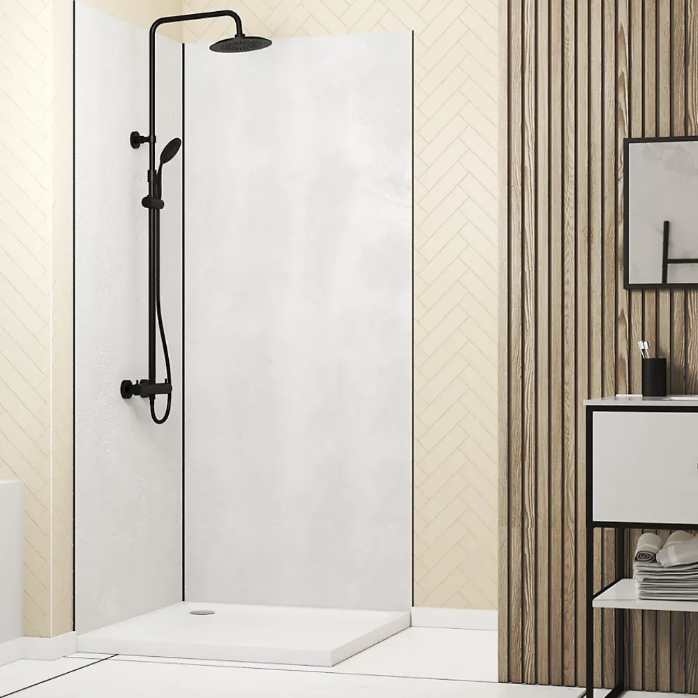 Galedo Pack de 2 panneaux muraux de salle de bains, blanc effet pierre avec profilés noirs, l.90+90 x H.210 x P.0,3 cm, Homestone