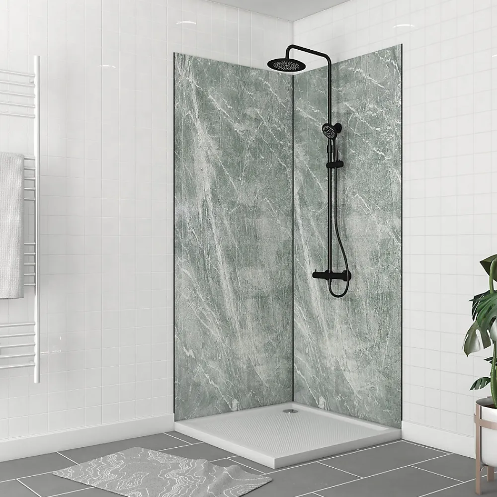 Galedo Pack de 2 panneaux muraux de salle de bains, vert effet pierre avec profilés noirs, l.90+90 x H.210 x P.0,3 cm, Homestone