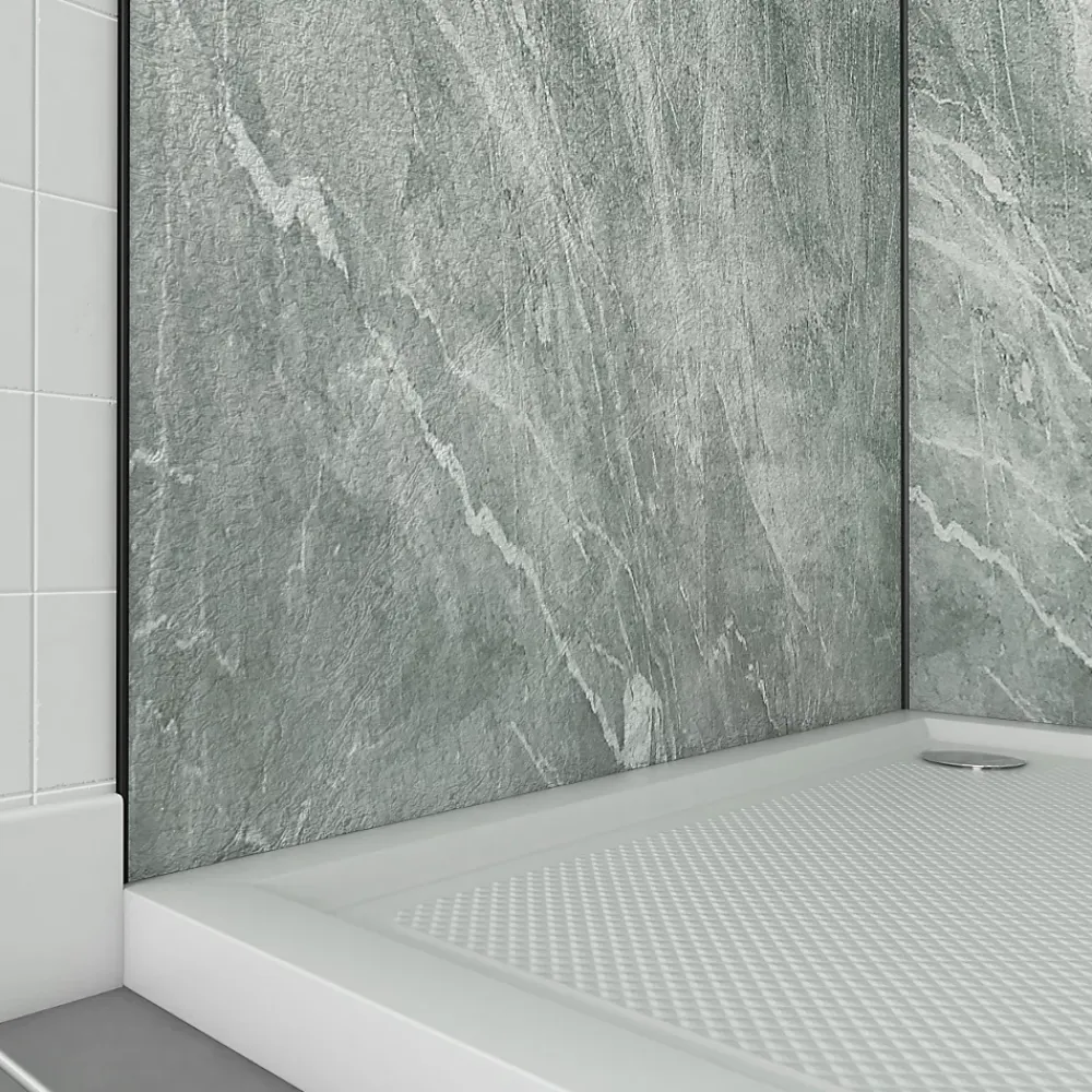 Galedo Pack de 2 panneaux muraux de salle de bains, vert effet pierre avec profilés noirs, l.90+90 x H.210 x P.0,3 cm, Homestone