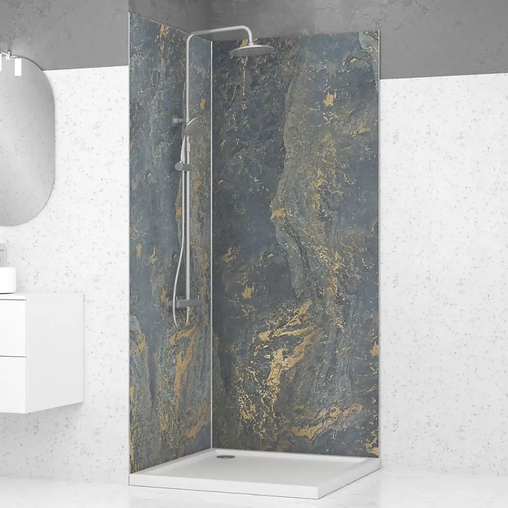 Panneau Mural De Salle De Bains|Galedo Pack de 2 panneaux muraux de salle de bains, gris et doré effet marbre avec profilés chromés, l.90+90 x H.210 x P.0,3 cm, Homestone