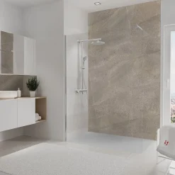Panneau Mural De Salle De Bains|Schulte Pack de 2 panneaux muraux de salle de bains l.100 x H.210cm, effet pierre taupe sablée, DécoDesign décor