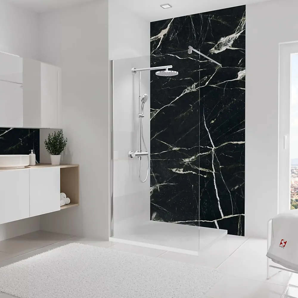 Panneau Mural De Salle De Bains|Schulte Pack de 2 panneaux muraux de salle de bains l.100 x H.255 cm, effet marbre noir et vert, DécoDesign Softtouch