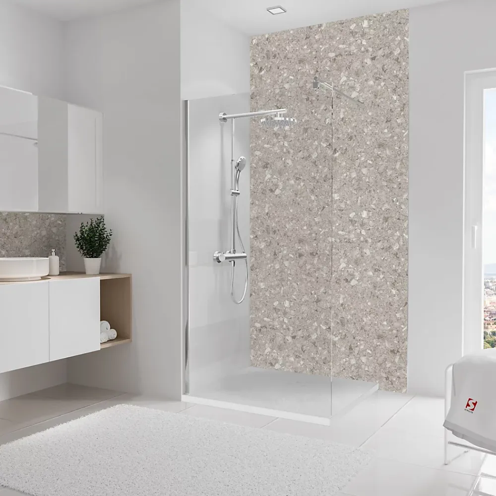 Panneau Mural De Salle De Bains|Schulte Pack de 2 panneaux muraux de salle de bains l.100 x H.210 cm, effet terrazzo greige, DécoDesign Softtouch